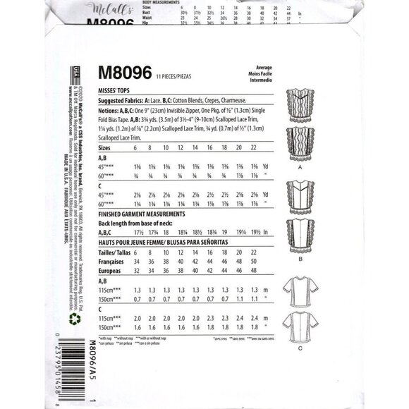 McCall's M8096 Misses 6 to 14 Loose Fitting Tops Uncut Sewing Pattern - Picture 2 of 2